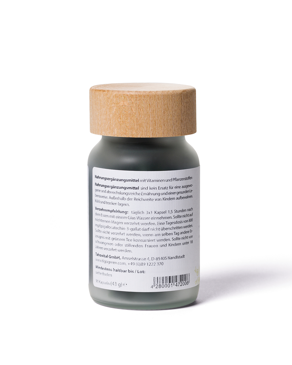Rückansicht der tigovit Grüntee-Extrakt Kapseln in Glasflasche mit Holzdeckel und Verzehrempfehlung.