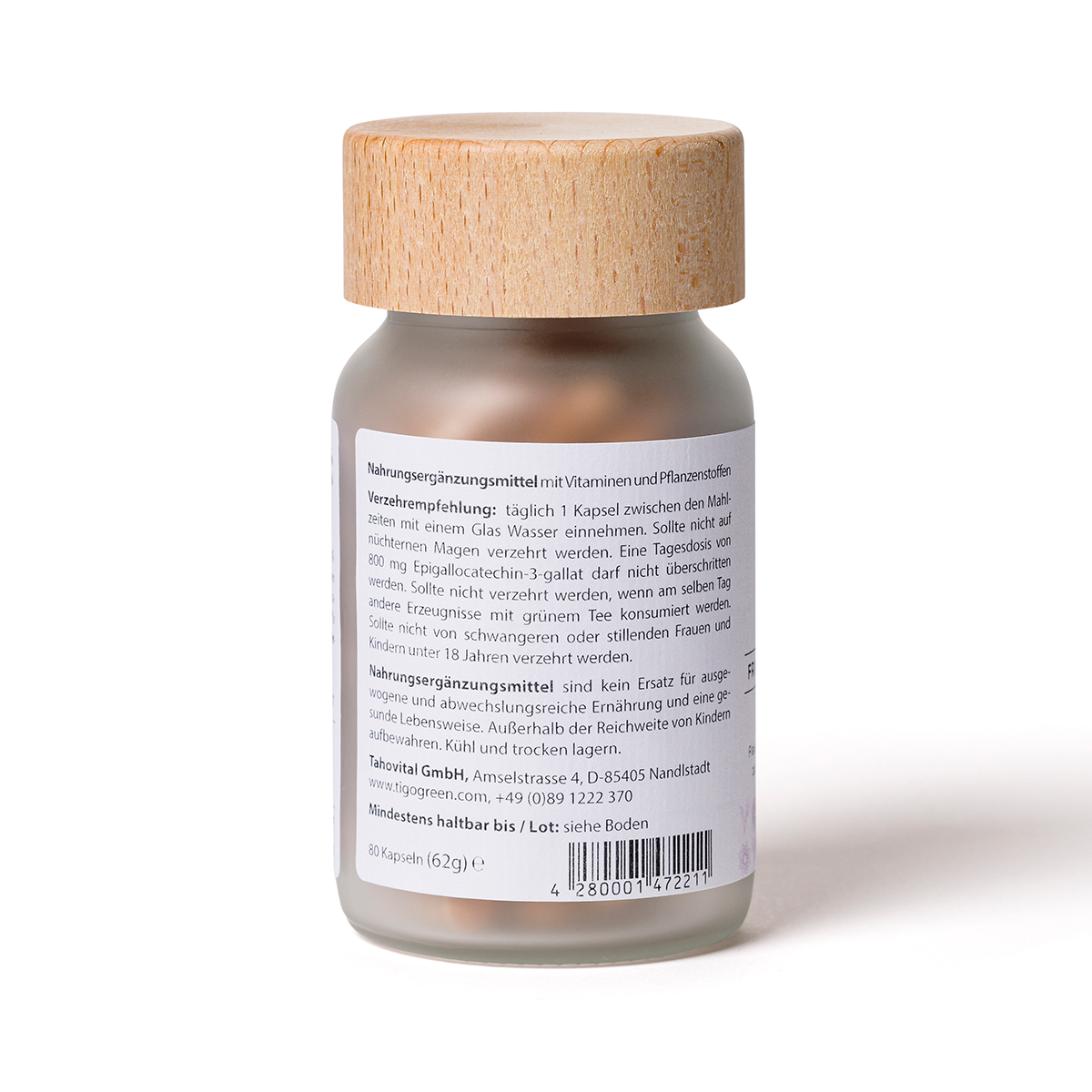 Rückseite der tigofem Frauenmantel Kapseln im Glas mit Verzehrempfehlung, Inhaltsstoffen und Produktdetails.