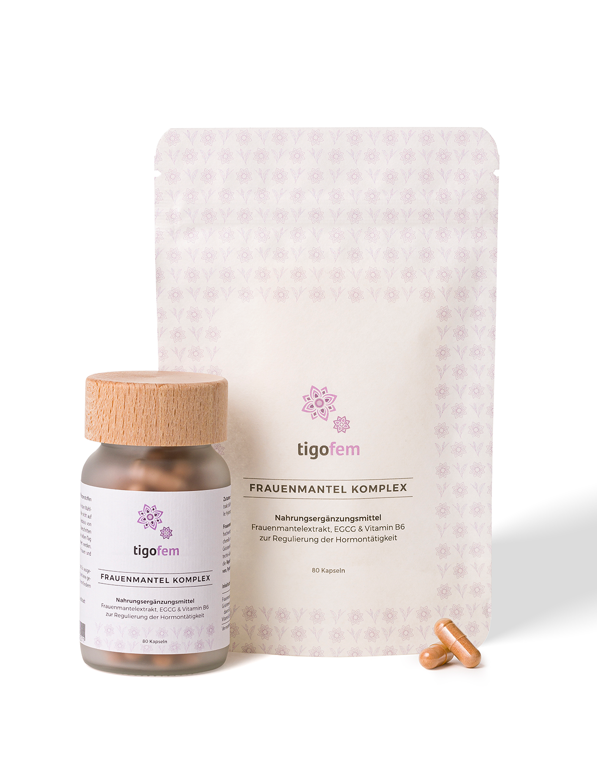 tigofem Frauenmantel Extrakt Starter Paket mit Hormon-Balance Kapseln im Braunglas, Holzdeckel und Nachfüllbeutel.