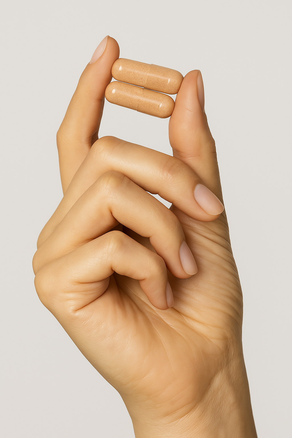 Zwei beige tigofem Kapseln mit EGCG & Vitaminen für den Hormonhaushalt, gehalten zwischen Daumen und Zeigefinger.