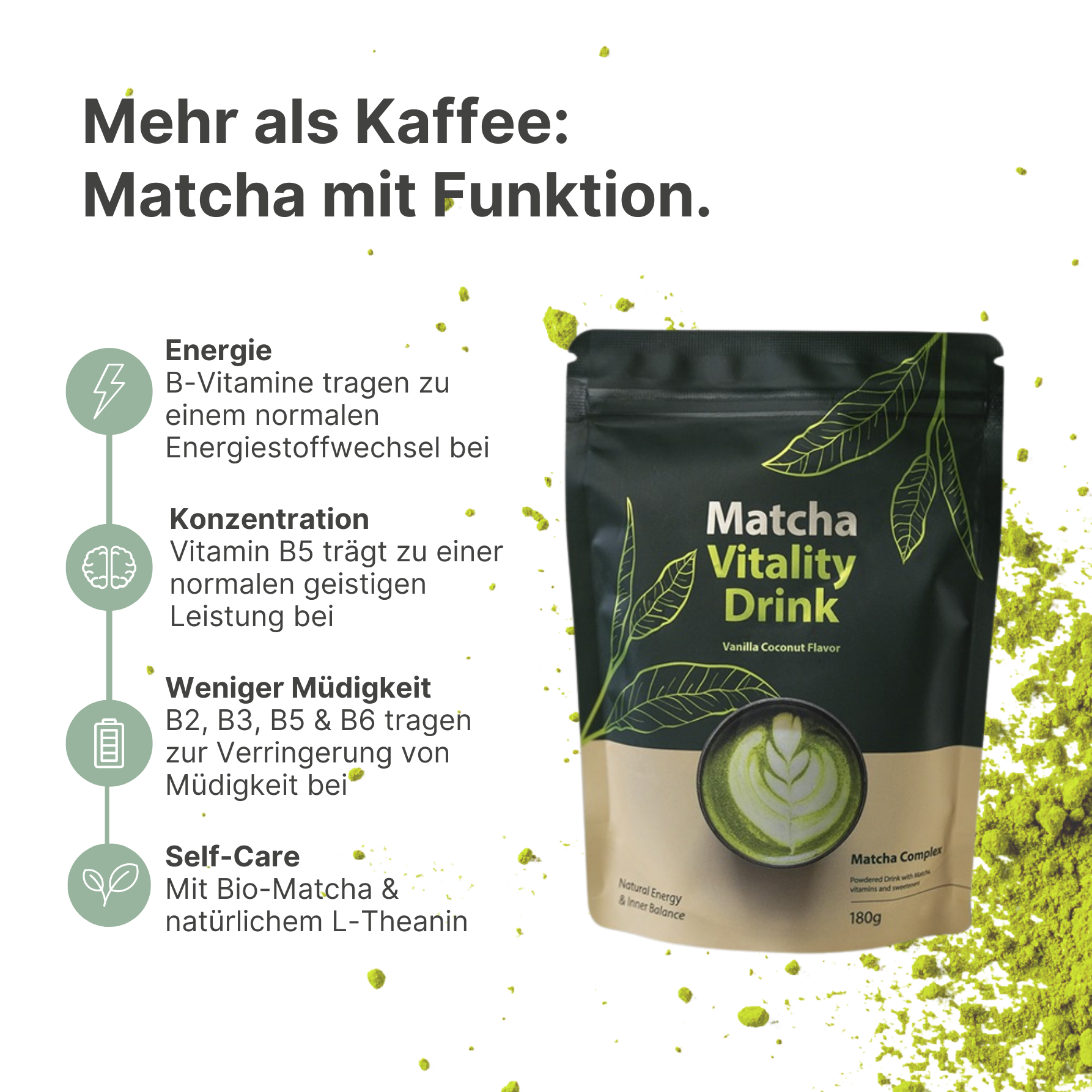 Matcha Vitality Drink 180g mit Kokos-Vanille-Geschmack, Infografik zu Energie und Fokus durch Bio-Matcha & B-Vitamine.