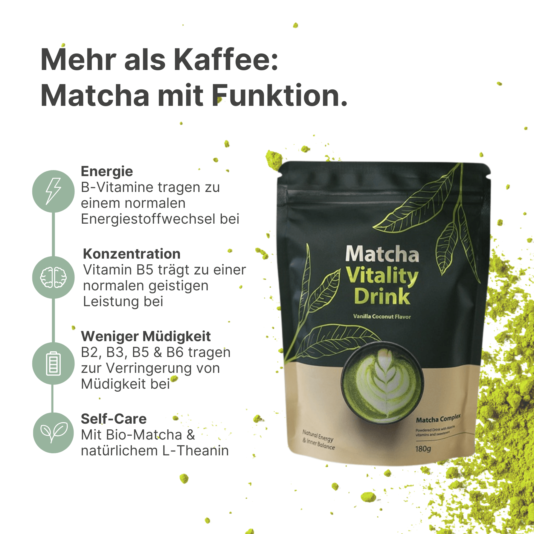 Matcha Vitality Drink 180g mit Kokos-Vanille-Geschmack mit Bio-Matcha & B-Vitamine.