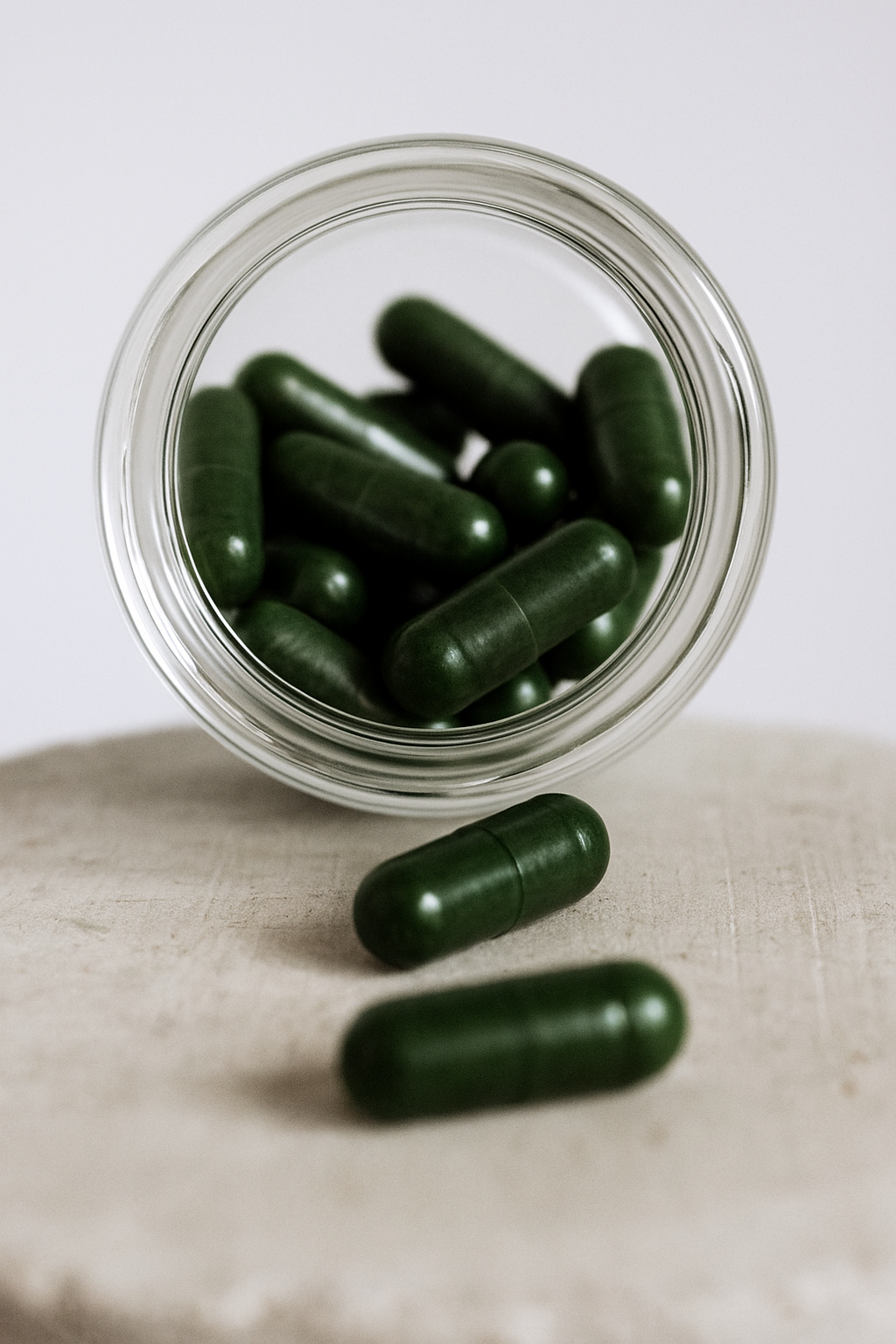 Nahaufnahme von tigovit Grünteekomplex Kapseln mit EGCG in einem Glasgefäß auf hellem Hintergrund.