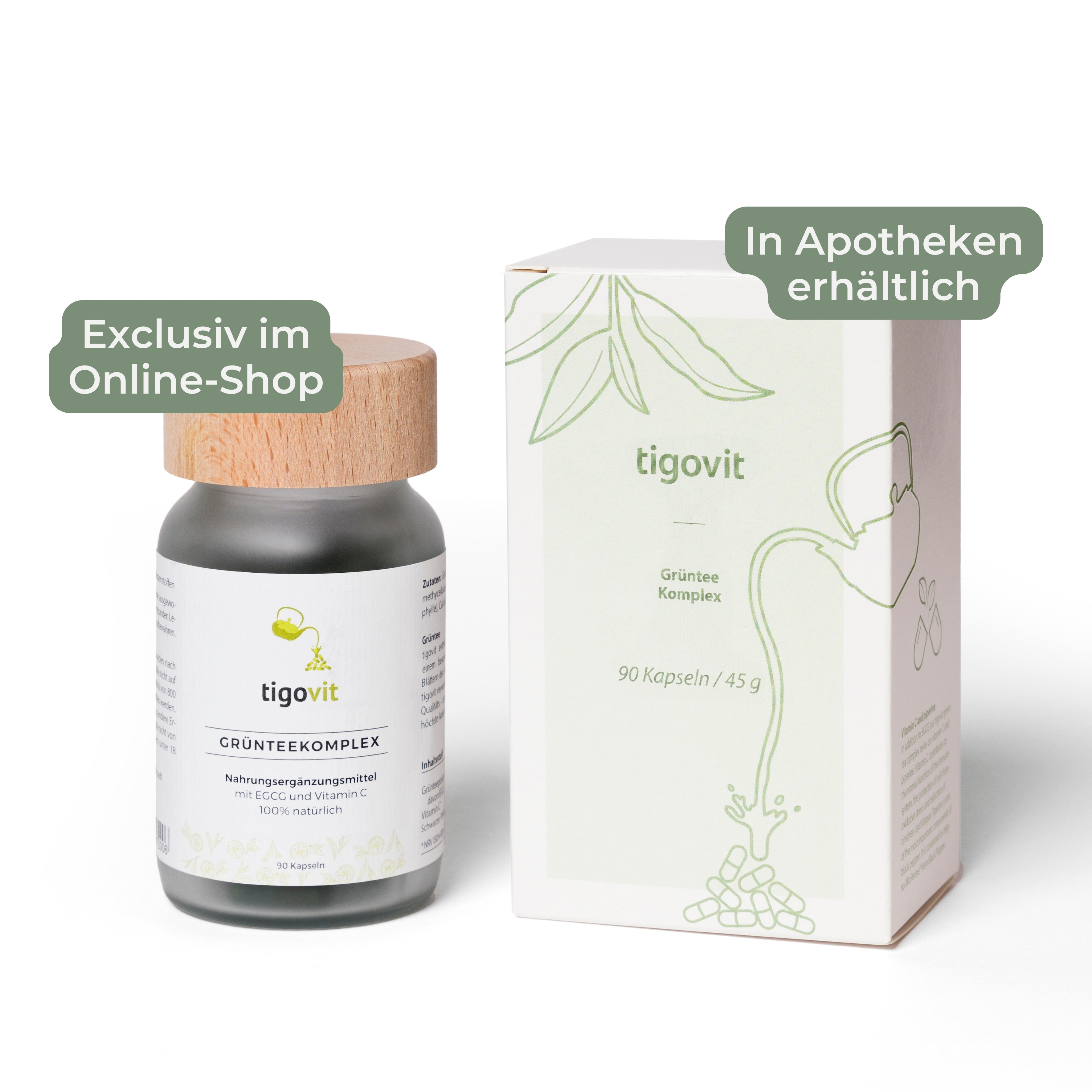 tigovit Grünteekomplex 90 Kapseln: Nachhaltige Glasflasche mit Holzdeckel und Umkarton mit EGCG und Vitamin C.