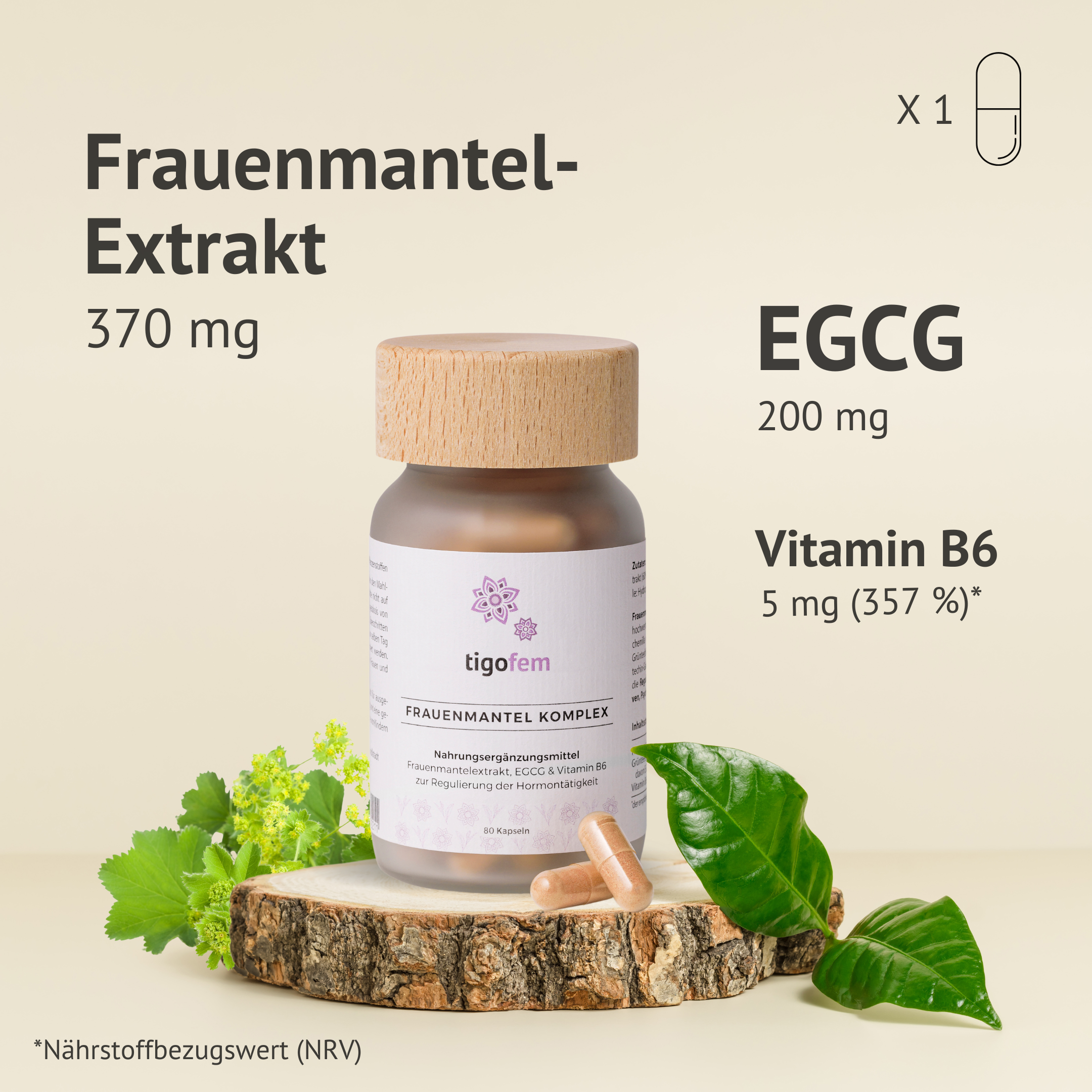 tigofem Frauenmantel-Extrakt mit EGCG & Vitamin B6: Inhaltsstoffe des Kapsel-Komplexes zur Hormon-Balance.