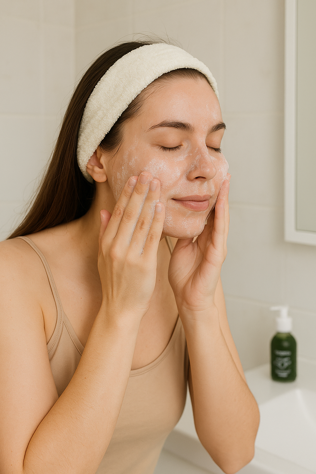 Anwendung des tigoderm Green Balance Waschgels: Frau mit Schaumtextur im Gesicht, Glasflakon im Hintergrund.