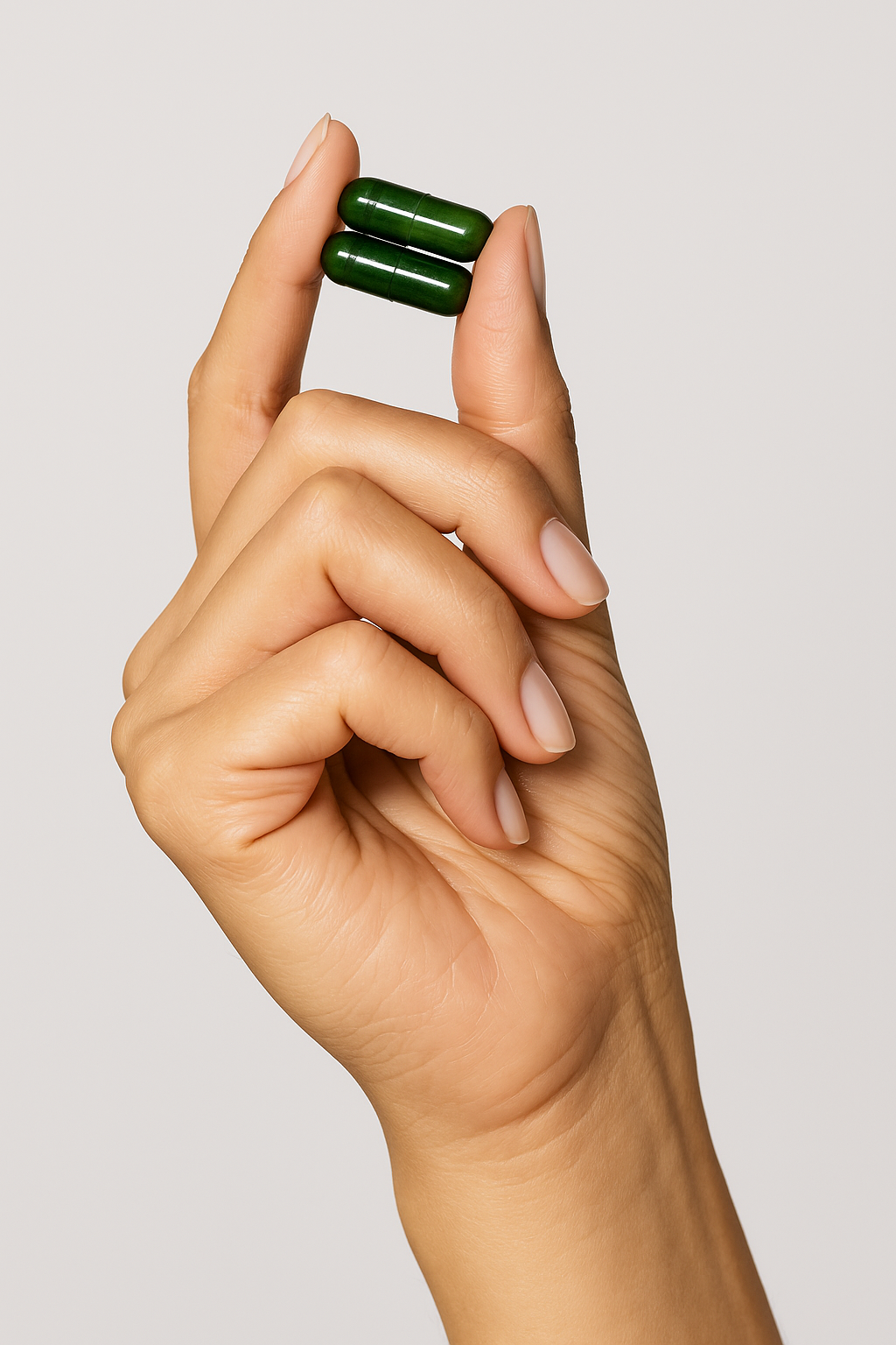 Eine Frauenhand hält zwei dunkelgrüne tigovit Grüntee-Extrakt-Kapseln mit hochdosiertem EGCG.