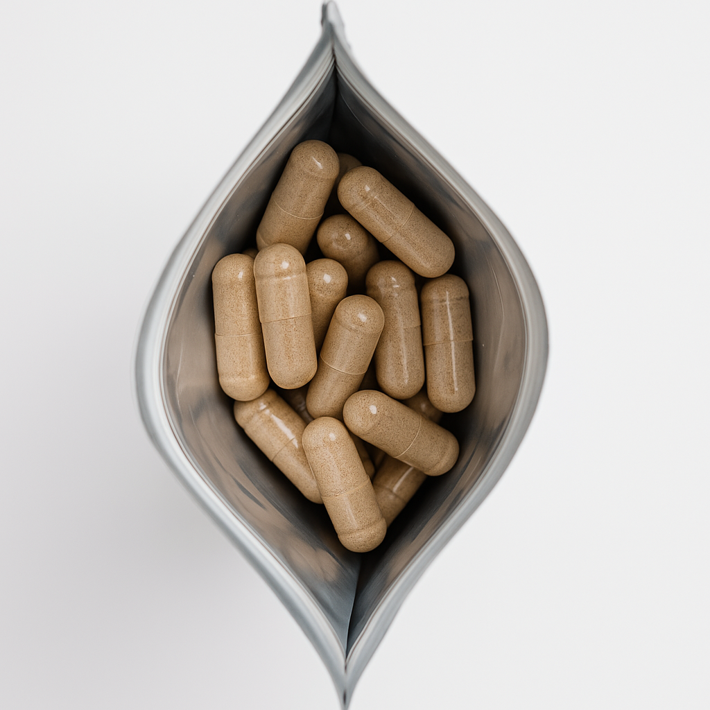 Nahaufnahme der tigofem Frauenmantelkomplex Kapseln im geöffneten Refill-Nachfüllpack auf weißem Hintergrund.