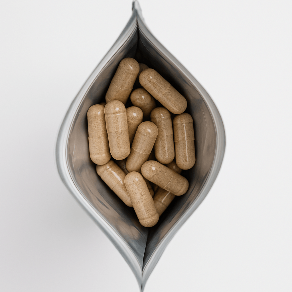 Draufsicht auf vegane tigofem Frauenmantelextrakt-Kapseln im geöffneten Refill-Nachfüllpack auf weißem Hintergrund.