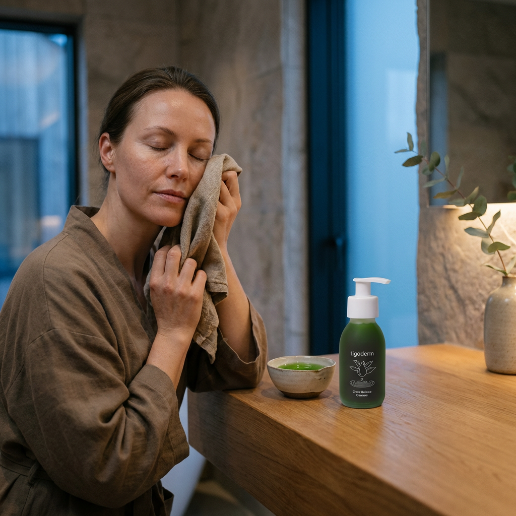 Frau trocknet Gesicht sanft. Daneben tigoderm Sanftes Gesichtswaschgel für Reinheit & Hyaluron-Pflege auf Holztisch.