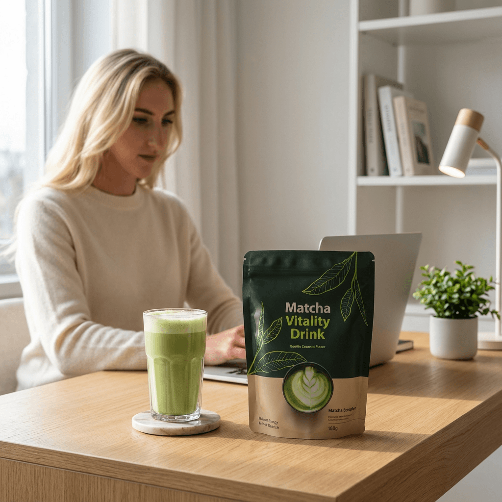 Frau am Laptop mit Bio Matcha Kollagen Drink Fokus & Energie Ritual von tigogreen im Homeoffice.