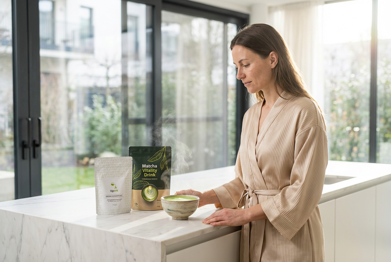 Frau hält Matcha-Schale neben dem tigogreen Green Vitality Duo – Matcha Pulver & EGCG Kapseln Set in einer modernen Küche.