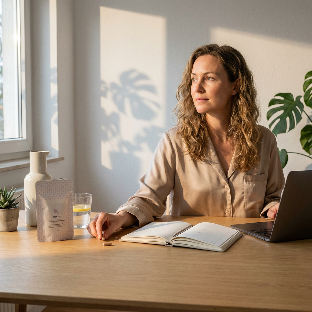 Frau am Schreibtisch mit tigofem Frauenmantelextrakt Kapsel. Die Refill Packung und Wasser sind daneben, sie schaut entspannt.