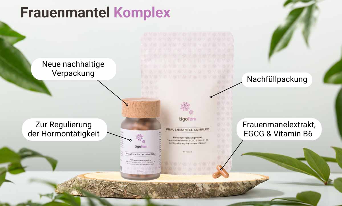 tigofem Frauenmantel Komplex: Kapselglas mit Holzdeckel, Nachfüllbeutel und Kapseln mit EGCG und Vitamin B6.