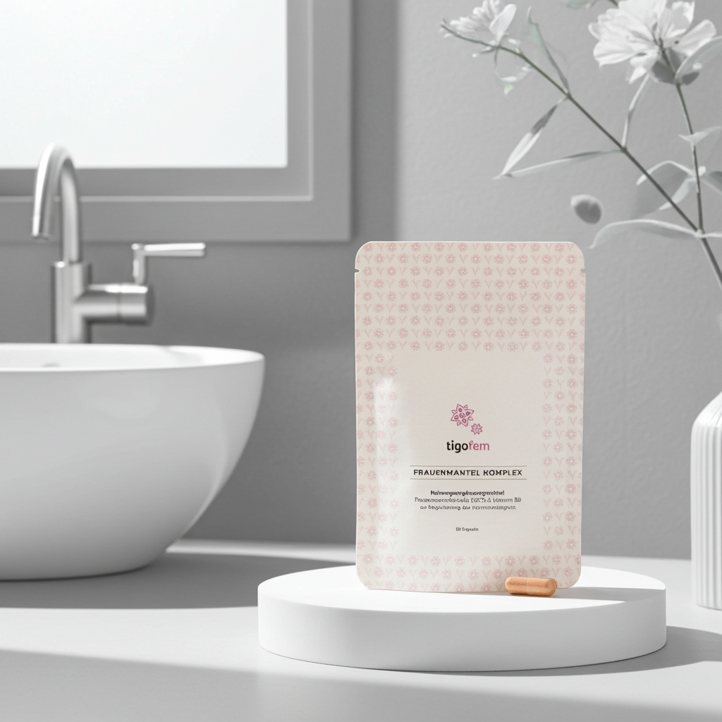Tigofem Frauenmantelextrakt Refill-Packung und Kapsel auf weißem Podest in hellem Badezimmer-Ambiente.