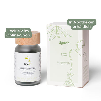 tigovit Grünteekomplex 90 Kapseln: Nachhaltige Glasflasche mit Holzdeckel und Umkarton mit EGCG und Vitamin C.