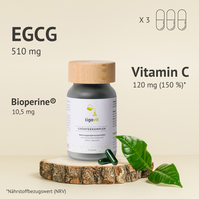 tigovit Grüntee-Extrakt Kapseln mit EGCG, Vitamin C und Bioperine in Glasflasche mit Holzdeckel auf Baumscheibe.