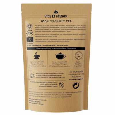 Rückseite der BIO Oriental Mint Tee Packung mit Zubereitungsempfehlung, Bio-Siegel und Infos zur Nana Minze.