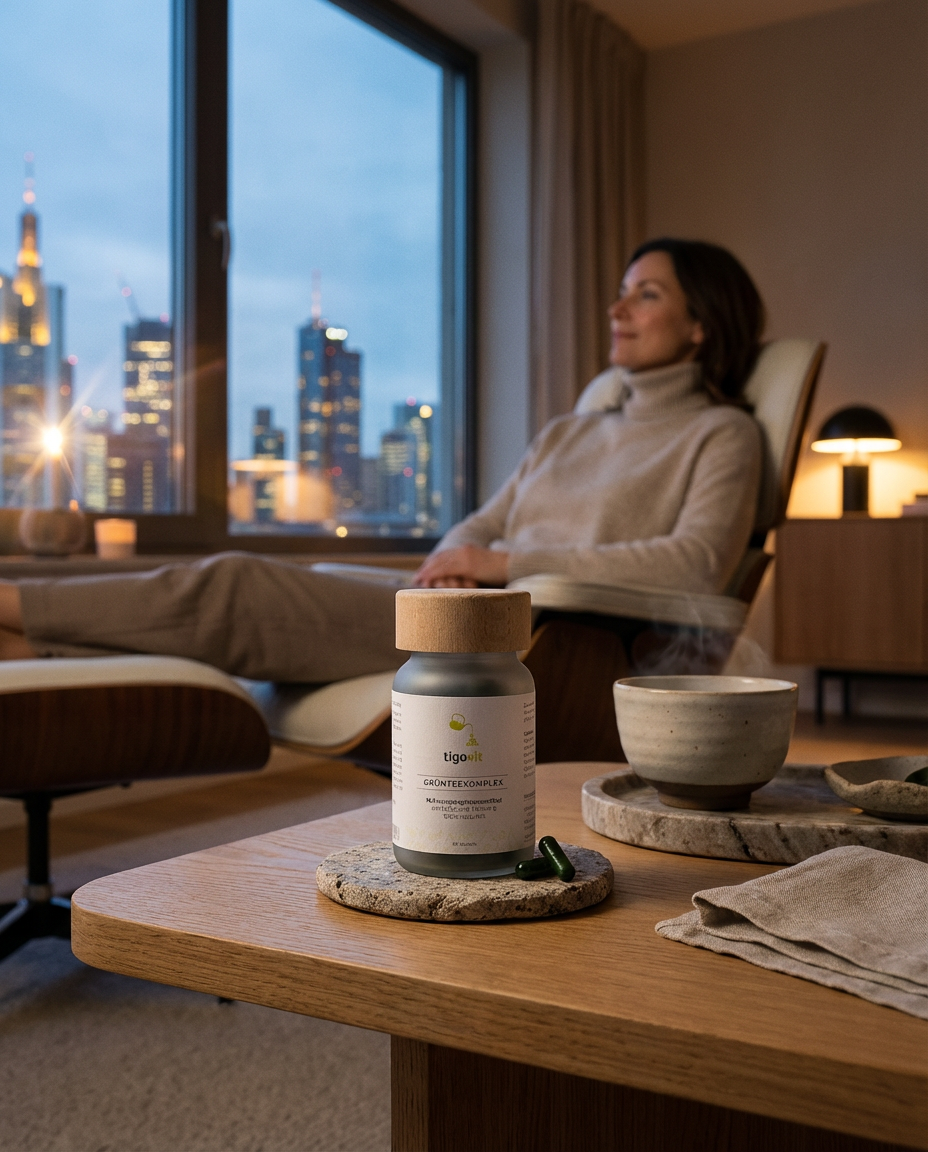 Ein Glas tigovit Grüntee-Extrakt Komplex auf einem Beistelltisch, während eine Frau im Sessel vor der nächtlichen Stadt ruht.