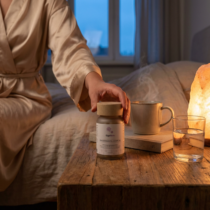 Frau im Morgenmantel greift nach tigofem Frauenmantel Kapseln auf dem Nachttisch neben Tee und Salzlampe.