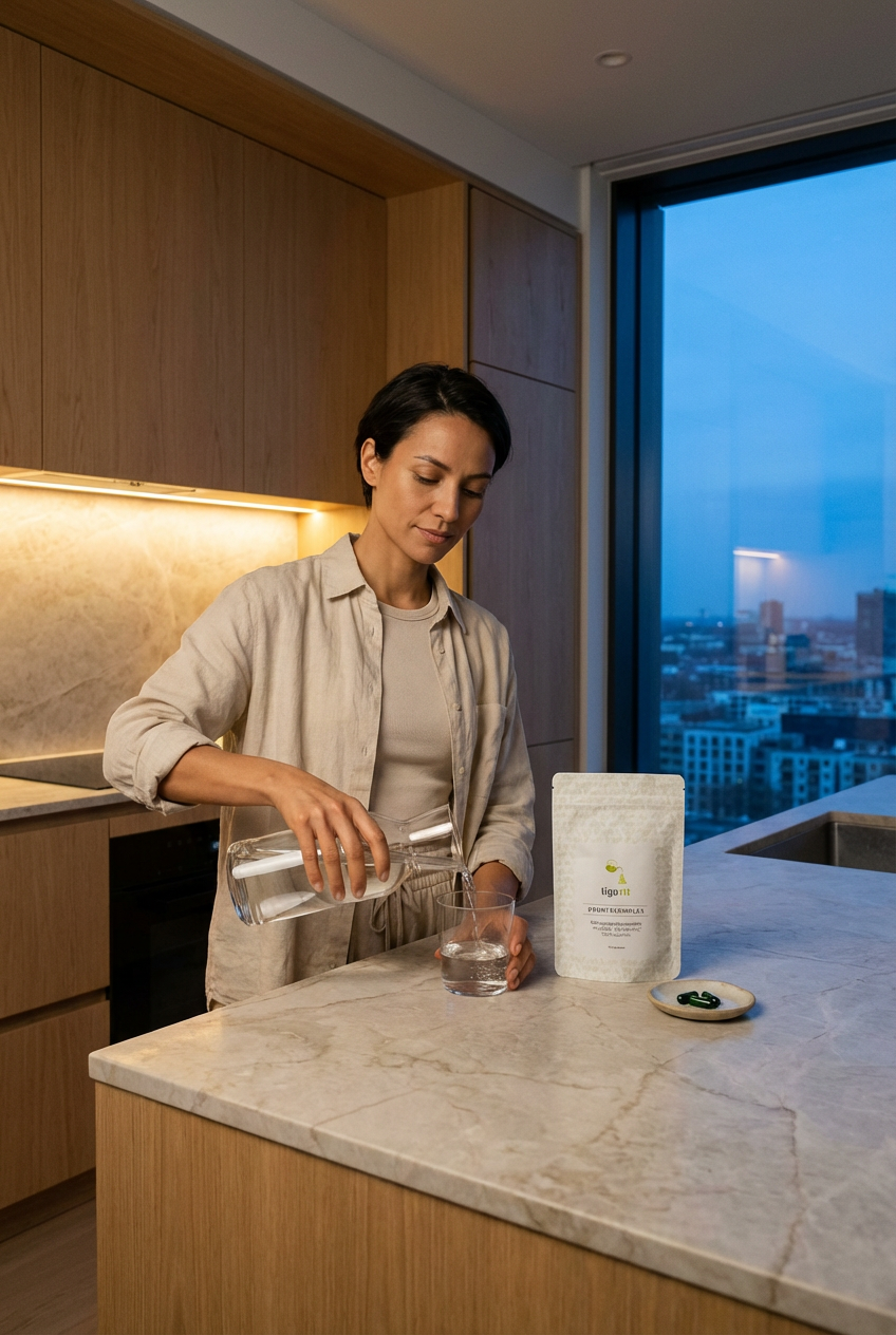Frau in moderner Küche gießt Wasser ein, neben dem tigovit Grüntee-Extrakt Refill-Beutel und Kapseln auf der Marmorplatte.