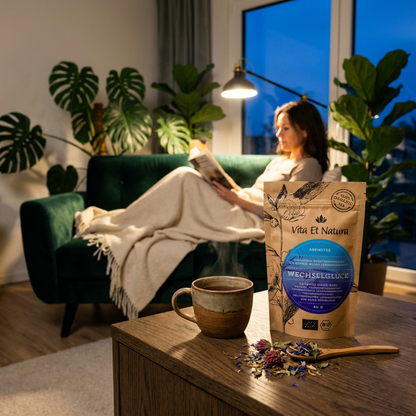 BIO-Wechselglück Abendtee für die Wechseljahre mit Rotklee; dampfende Tasse und Kräuter vor Frau auf Sofa.