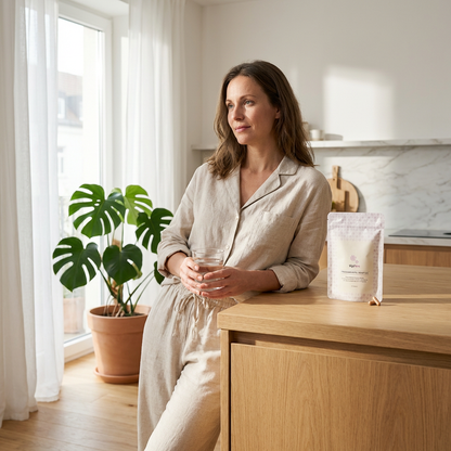 Entspannte Frau im Leinenoutfit mit Wasser in heller Küche. Daneben: tigofem Frauenmantelextrakt Kapseln im Nachfüllbeutel.